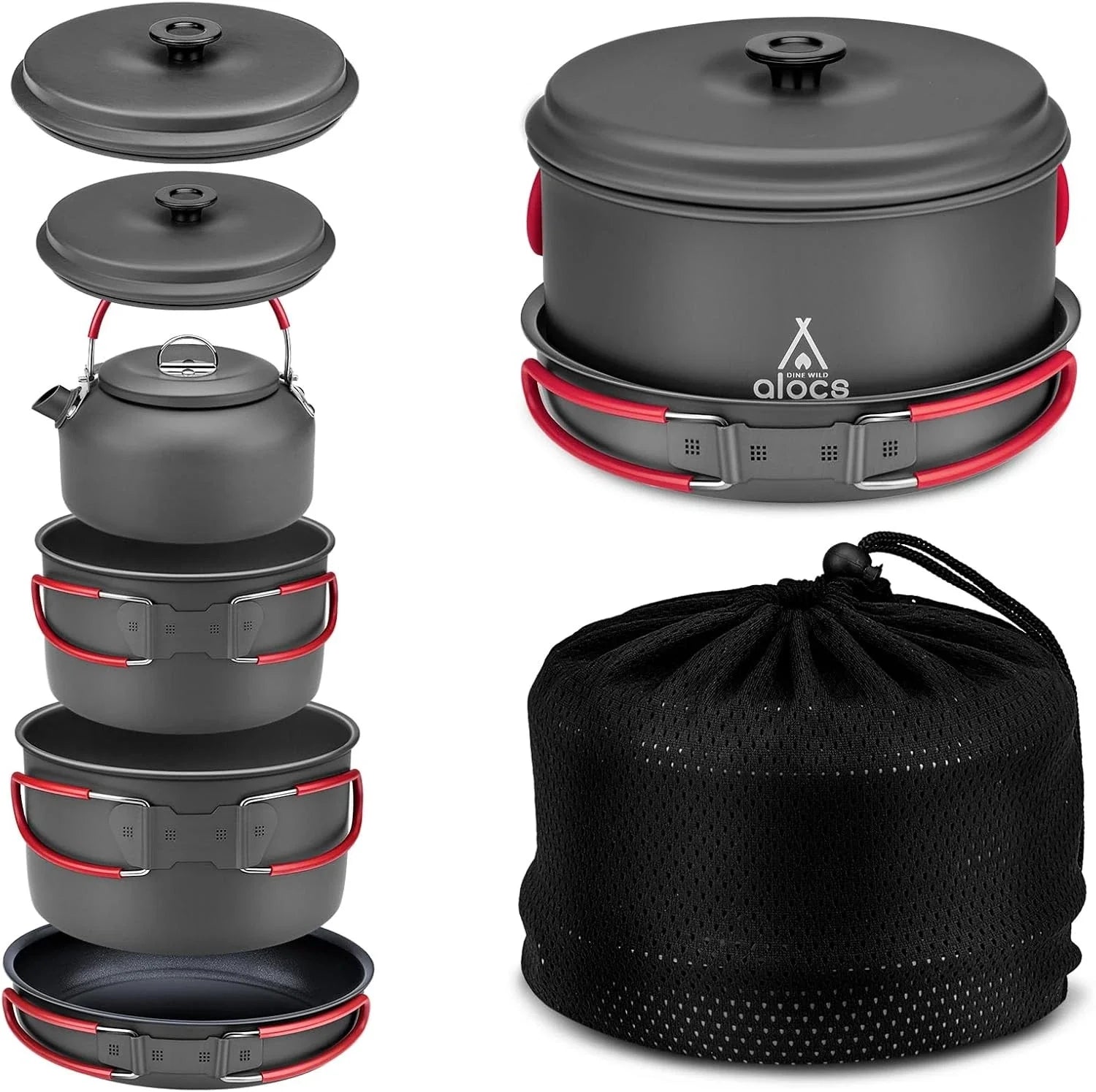Camping Cookware Set – Compact Hard Alumina Pots & Pans w/ Carry Bag