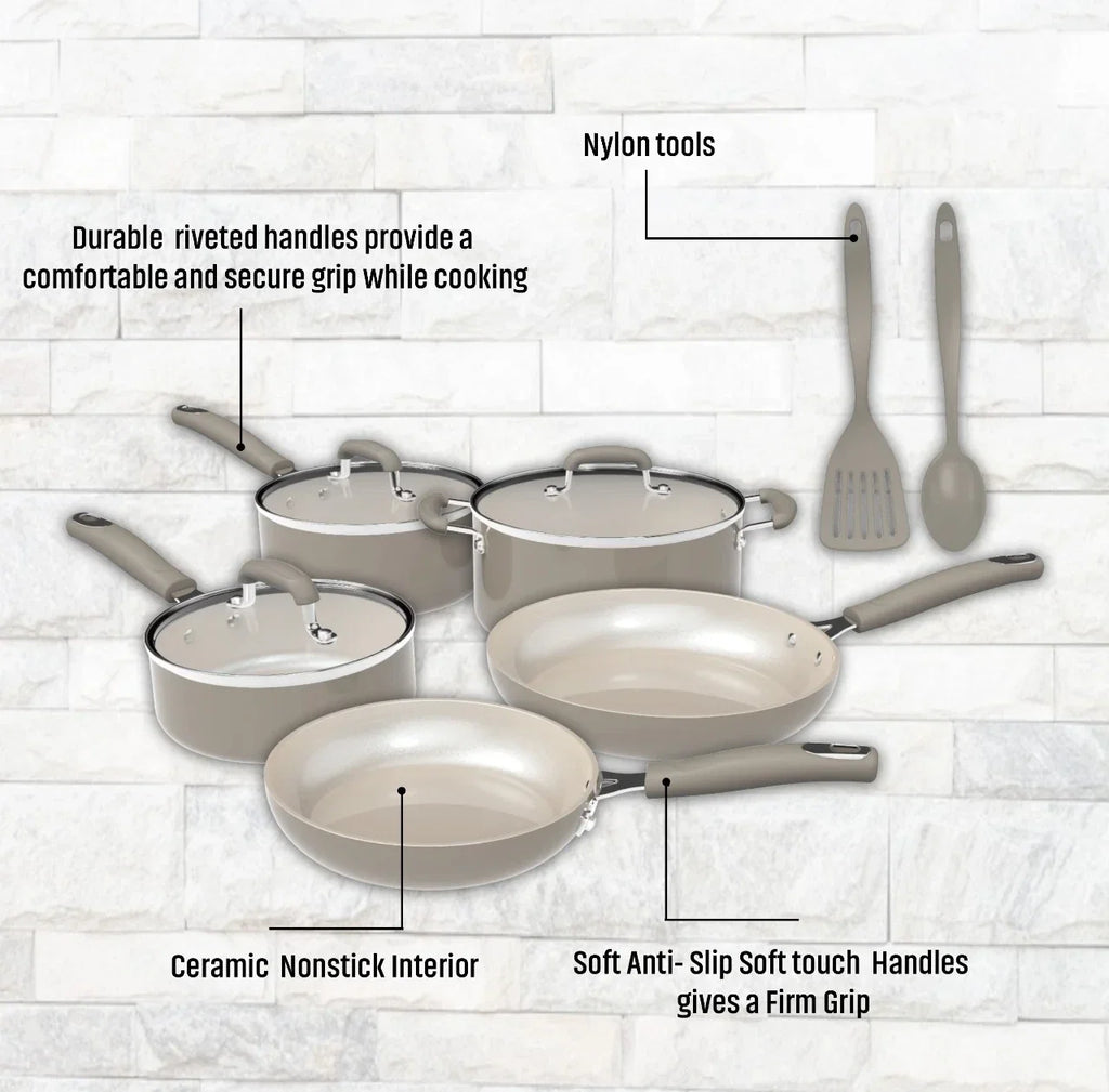 10-Piece Nonstick Cookware Pot Pans Set Ceramic Heavy-Gauge Kitchen Essentials