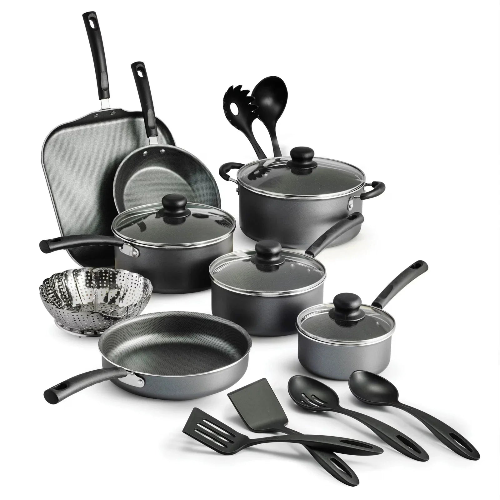 18 Piece Non-stick Cookware Set, Steel Gray - NEW
