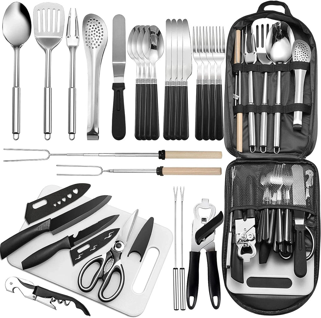 27-Pc Portable Camping Kitchen Utensil Set, Stainless Steel Cookware & Organizer