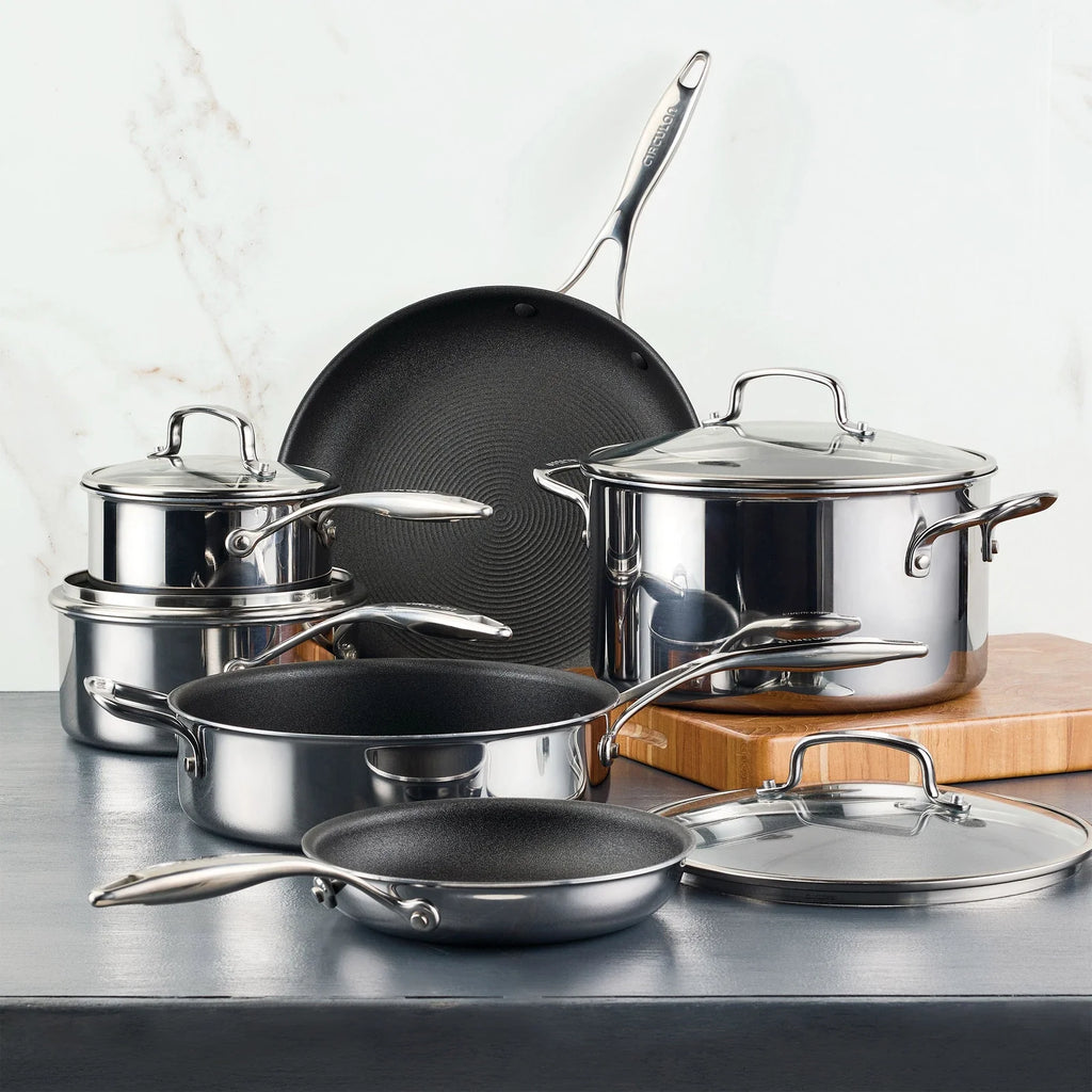 10-piece Clad Stainless Steel, ScratchDefense Non-Stick Cookware Set