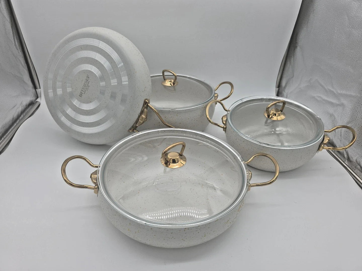 7 pc Nonstick Cookware Set, Non-Toxic Pots, Pans, Oven, Utensils - Gold Granite